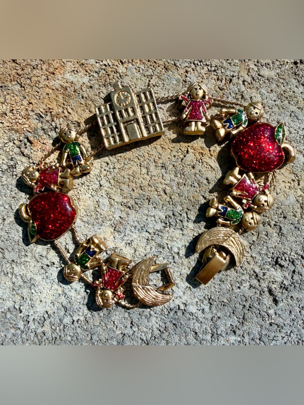 Gold-Tone Slide Charm Bracelet School Theme